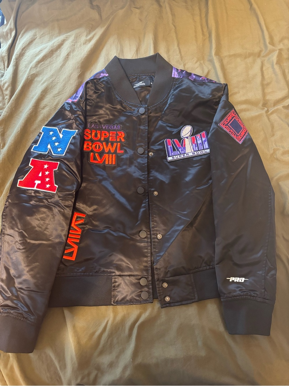 Super Bowl LVIII Satin Bomber Jacket with Embroidered Patches